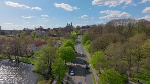 Summer panorama of Viborg, Midtjylland, Denmark. Aerial skyline view of the old  Stock Footage 320305164