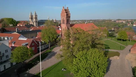 Summer panorama of Viborg, Midtjylland, Denmark. Aerial skyline view of the old  Stock Footage 320306869