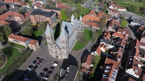 Summer panorama of Viborg, Midtjylland, Denmark. Aerial skyline view of the old  Stock Footage 320639170