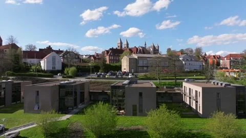 Summer panorama of Viborg, Midtjylland, Denmark. Aerial skyline view of the old  Stock Footage 320639175