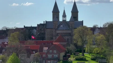 Summer panorama of Viborg, Midtjylland, Denmark. Aerial skyline view of the old  Stock Footage 320639196