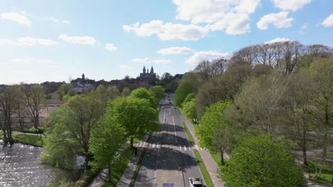 Summer panorama of Viborg, Midtjylland, Denmark. Aerial skyline view of the old  Stock Footage 320639748