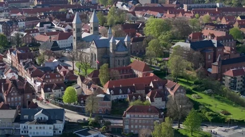 Summer panorama of Viborg, Midtjylland, Denmark. Aerial skyline view of the old  Stock Footage 320639826