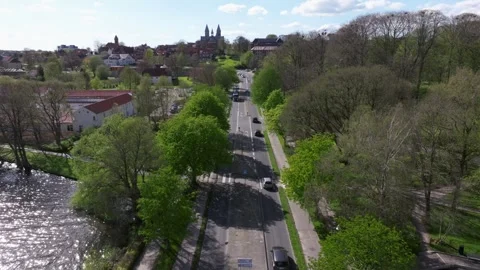 Summer panorama of Viborg, Midtjylland, Denmark. Aerial skyline view of the old  Stock Footage 320971500