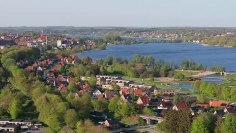 Summer panorama of Viborg, Midtjylland, Denmark. Aerial skyline view of the old  Stock Footage 320971614