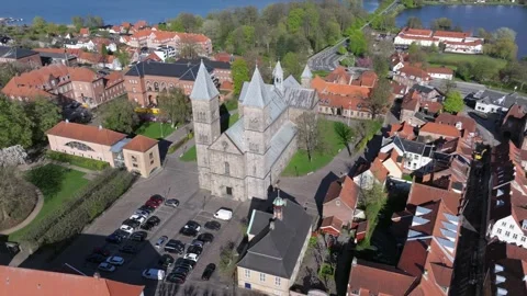 Summer panorama of Viborg, Midtjylland, Denmark. Aerial skyline view of the old  Stock Footage 321026010
