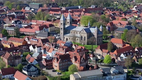 Summer panorama of Viborg, Midtjylland, Denmark. Aerial skyline view of the old  Stock Footage 321026081