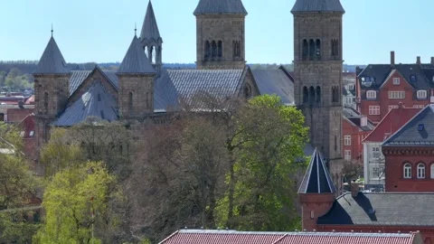 Summer panorama of Viborg, Midtjylland, Denmark. Aerial skyline view of the old  Stock Footage 321026097