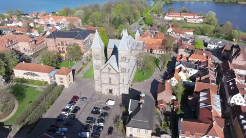 Summer panorama of Viborg, Midtjylland, Denmark. Aerial skyline view of the old  Stock Footage 321157465