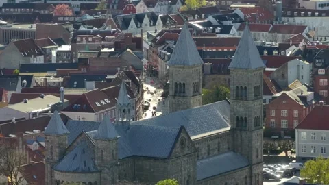 Summer panorama of Viborg, Midtjylland, Denmark. Aerial skyline view of the old  Stock Footage 321361231