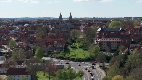 Summer panorama of Viborg, Midtjylland, Denmark. Aerial skyline view of the old  Stock Footage 321361242