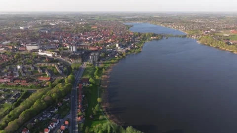 Summer panorama of Viborg, Midtjylland, Denmark. Aerial skyline view of the old  Stock Footage 321361318