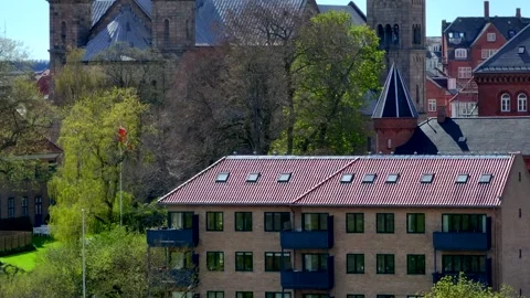 Summer panorama of Viborg, Midtjylland, Denmark. Aerial skyline view of the old  Stock Footage 321361407