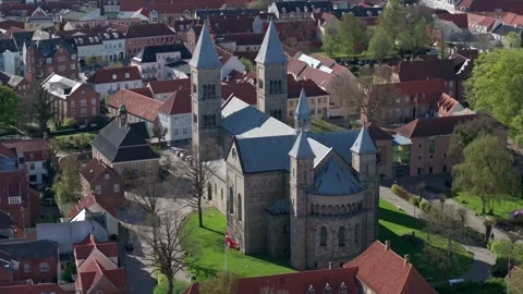 Summer panorama of Viborg, Midtjylland, Denmark. Aerial skyline view of the old  Stock Footage 321541789