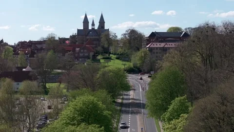 Summer panorama of Viborg, Midtjylland, Denmark. Aerial skyline view of the old  Stock Footage 321541801