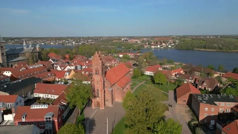 Summer panorama of Viborg, Midtjylland, Denmark. Aerial skyline view of the old  Stock Footage 321541993