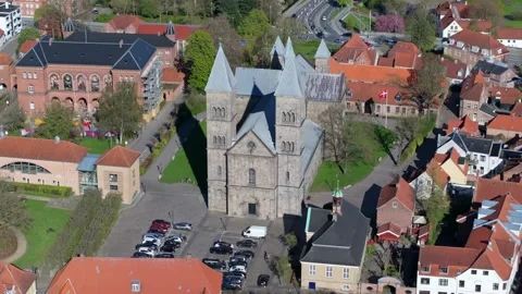 Summer panorama of Viborg, Midtjylland, Denmark. Aerial skyline view of the old  Video stock 322800343