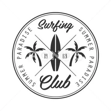 Summer paradise surfing club logo template, black and white vector Illustration Stock Illustration