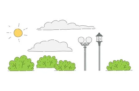 Summer park object drawing set - sun and clouds, green bushes and street lights Ilustración de archivo