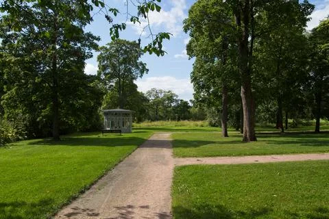 Summer park path with green trees, gravel paths. Stock Photos