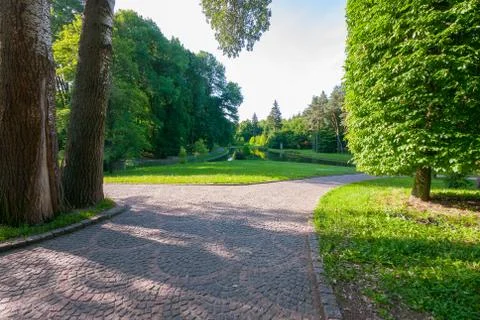 Summer Park with paths of shingles, large green trees and a deep pond in the  Stock Photos