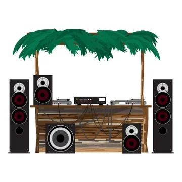 Summer party: dj console on the beach. Equipment for disco in a Stock Illustration