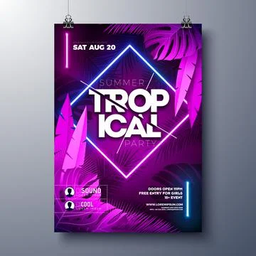 Summer Party Flyer Design Template with Glowing Neon Light on Fluorescent Tropic Stock Illustration