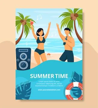 Summer Party Poster Template Flat Cartoon Background Vector Illustration Stockillustratie