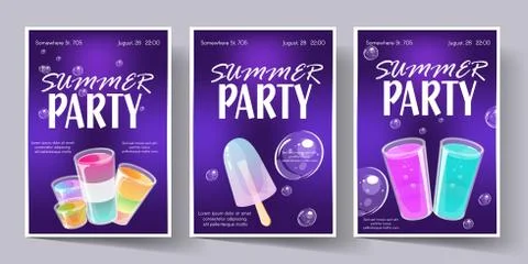 Summer party poster template set. Invitation flyer with cocktail shots. Stock Illustration