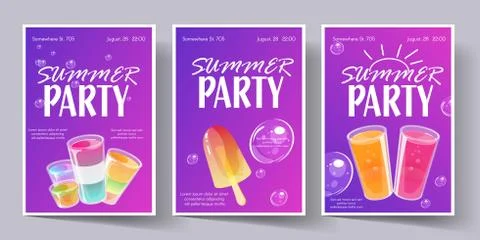 Summer party poster template set. Invitation flyer with cocktail shots. Stock Illustration