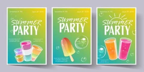 Summer party poster template set. Invitation flyer with cocktail shots. Stock Illustration