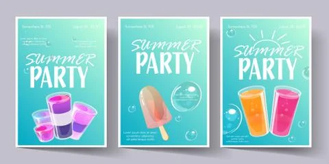 Summer party poster template set. Invitation flyer with cocktail shots. Stock Illustration
