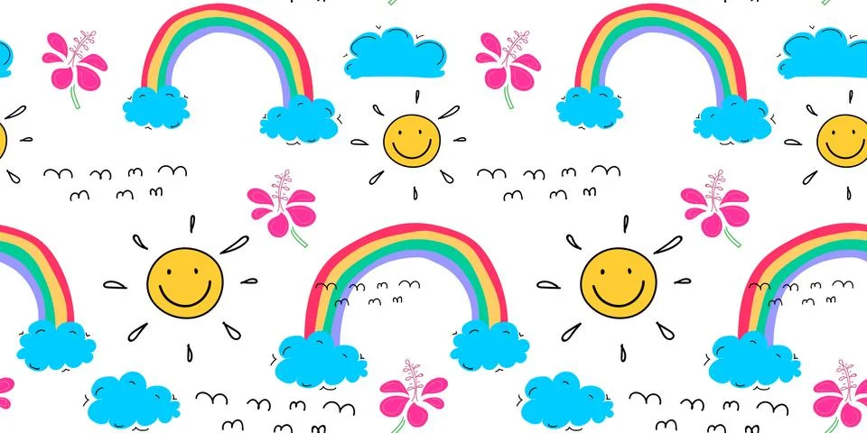 Summer pattern background with clouds and sun, Hand drawn tropical pattern, V 스톡 일러스트