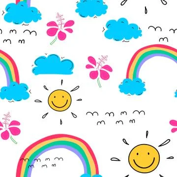 Summer pattern background with clouds and sun, Hand drawn tropical pattern, V Stock Illustration