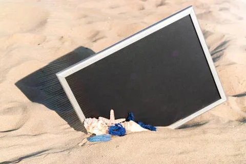 Summer pattern background. Starfish, seashells, toy plane and globe near blac Stock Photos