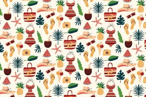 Summer pattern with beach essentials and pineapple Stock Illustration
