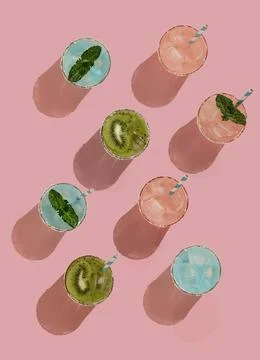 Summer pattern on bright pink pastel sunlight background delicious cocktails Stock Photos