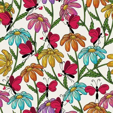 Summer pattern with chamomile, cute butterflies Stock Illustration