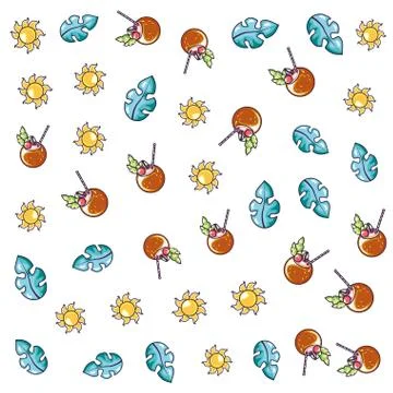 Summer pattern of cocktails coconuts with leafs and sun Stock Illustration
