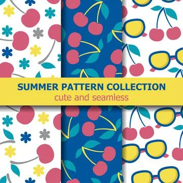 Summer pattern collection with cherries and sunglasses. Summer banner. Illustrazione stock