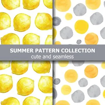 Summer pattern collection with watercolor lemons and dots. Summer banner. Stock Illustration