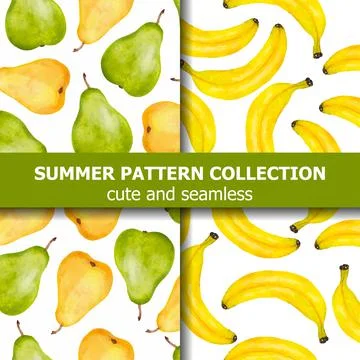 Summer pattern collection with watercolor pears and bananas. Summer banner. Stock Illustration