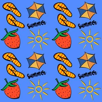 A summer pattern consisting of an umbrella, slates, sun, strawberries, and Stock Illustration