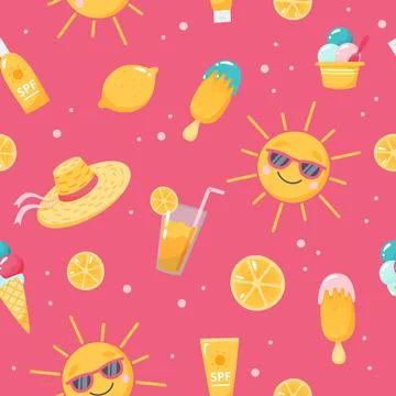 Summer pattern. Cute sun, ice cream, straw hat, lemon. Hand drawn flat cartoon Stock Illustration