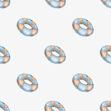 Summer pattern featuring blue inflatable circle and vibrant beach accessori.. Stock Illustration