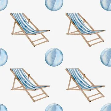 Summer pattern featuring blue loungers and inflatable balls set on a white .. Stock Illustration