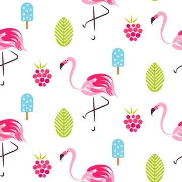 Summer pattern with flamingo, ice cream and raspberries Illustrazione stock