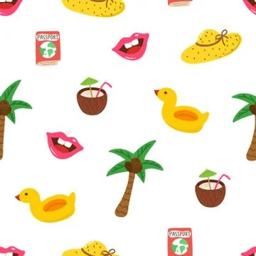 Summer pattern with hand drawn palm tree, hat, coconut juice, pink lips, pass Stock Illustration