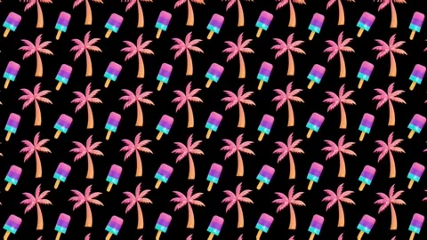 Summer pattern with ice cream and palm trees on black background animation Stock Footage 274254472