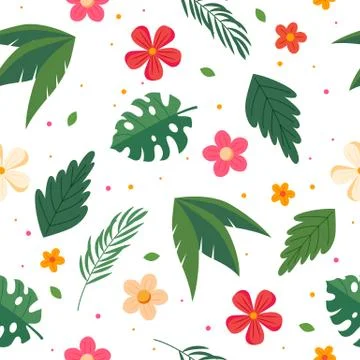 Summer pattern with leaves and flowers. Vector illustration in flat style Stock Illustration